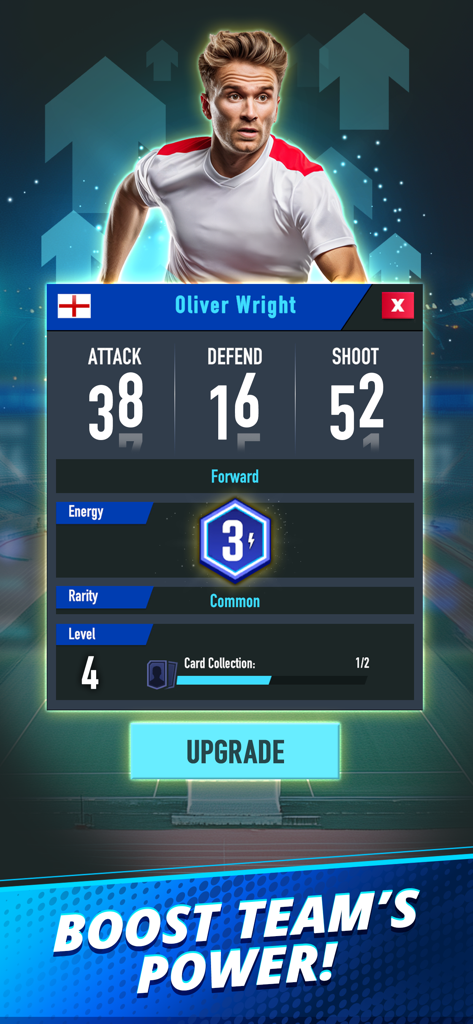 Soccer Duel: PvP Football Game - Soccer Duel player card menu showing stats for Oliver Wright and an upgrade button.