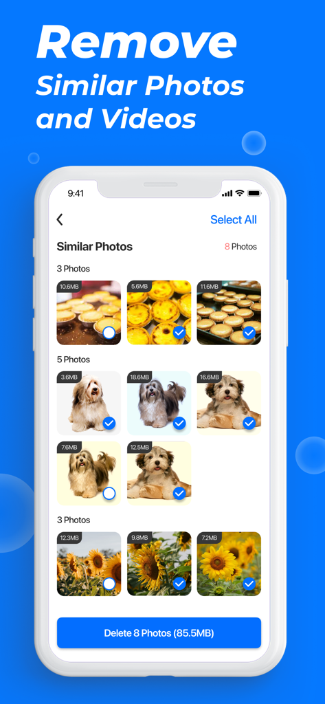 Phone Cleanerアプリの画面。食品、ペット、花の類似写真グループが表示され、ストレージ解放のために削除対象として選択されている。
