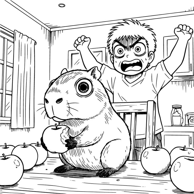 capybara that is small and eating an apple and a  human is behind it and angry because it is eating the apple. they ari in a house and the capybara is on the table with the apple , the apple has a bite in it already.the apple is surrounded with other apples