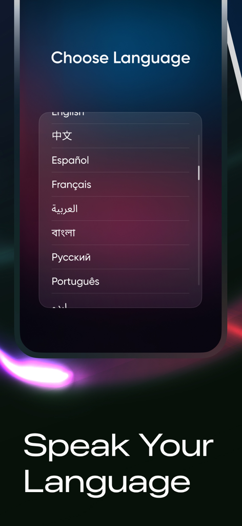 Voice AI Chat - AI Assistant - Language selection screen in Voice AI Chat app showing options for English, Spanish, French, and other languages