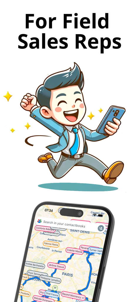 Route Optimizer - Easy Way - A happy field sales representative running with a smartphone showing a route optimization map