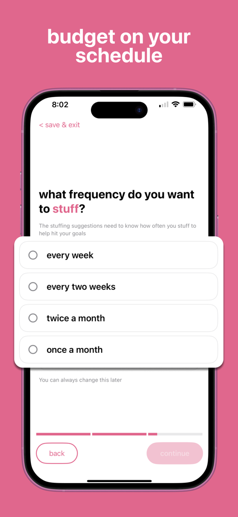 Budget Bestie 앱에서 주별, 격주별, 월 2회 또는 월별 간격 옵션을 선택하라는 메시지가 표시되는 화면.