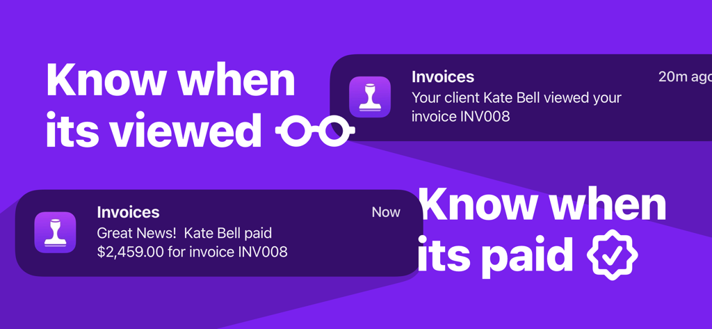 Invoices: Simple Invoice Maker - Smartphone notifications showing when a client has viewed and paid an invoice