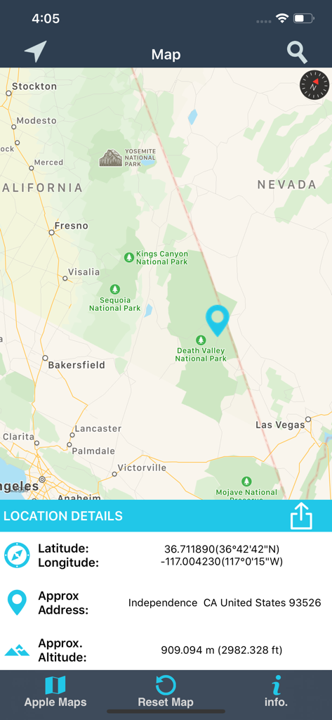 Find My Location details - Interface of the Find My Location app displaying precise latitude longitude and altitude on a map of California