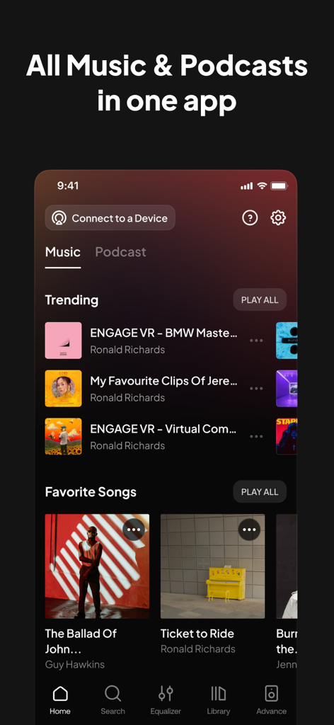 Speaker & Headphones Connect - Pantalla de inicio de la aplicación móvil mostrando categorías de música y podcasts y canciones populares