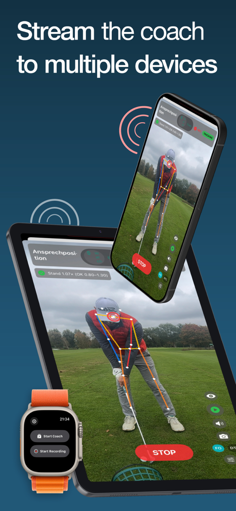 DeepSwing: AI Golf Swing Coach - Interface du coach de golf IA DeepSwing synchronisée sur iPhone, iPad et Apple Watch.