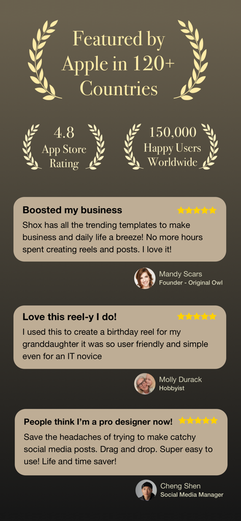 4.8점의 높은 평점과 트렌디한 템플릿, 사용 편의성 등의 기능을 강조하는 Shox 앱 사용자 후기 및 평가 모음