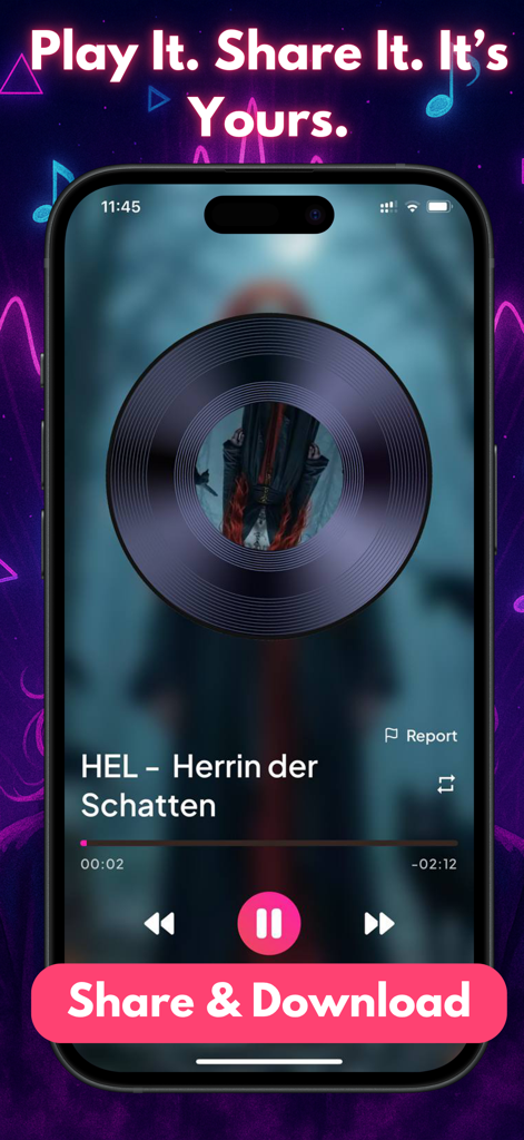 MelodyAI:AI Song & Music Maker - MelodyAI app music player interface with a vinyl record display and share and download buttons