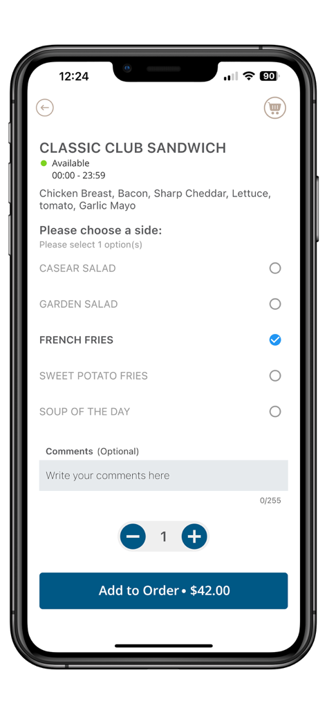 The Crane Resort - Interfaccia dell'app The Crane Resort per ordinare il servizio in camera, incluse opzioni di menu e prezzi.