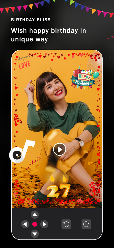Birthday Video Maker Songs - Pantalla de la aplicación creadora de videos de cumpleaños mostrando un video de cumpleaños personalizado con fotos, pegatinas y música