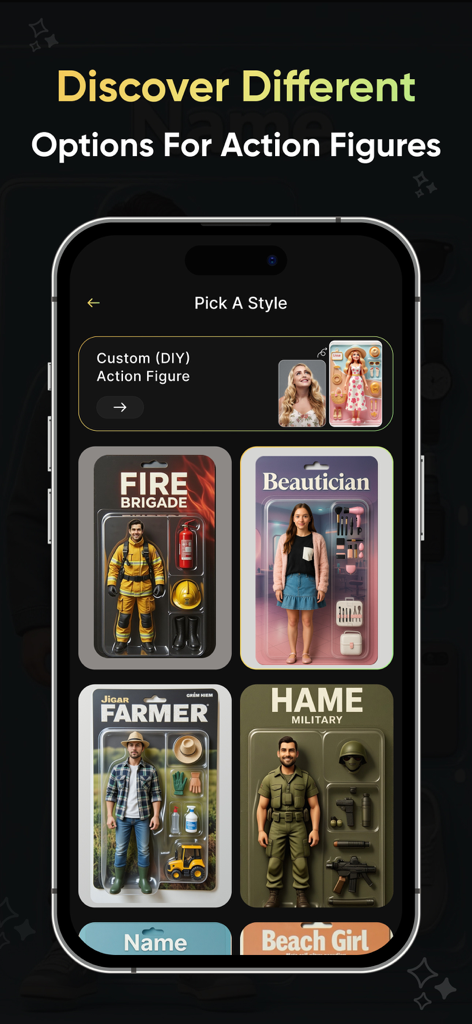 Interface do aplicativo móvel mostrando vários estilos de embalagem de caixas de bonecas e figuras de ação 3D, como bombeiro e esteticista
