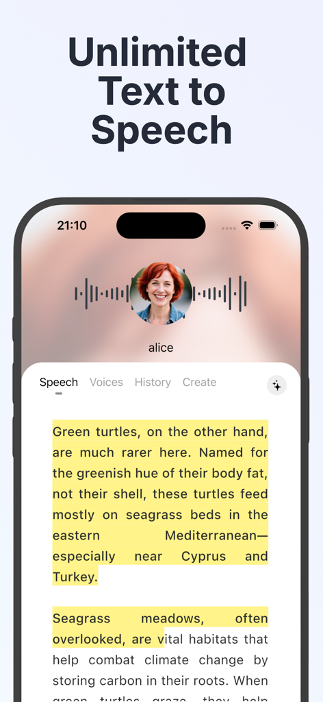 Koro Voices: Text to speech - Interfaz de la aplicación móvil Koro Voices mostrando una sesión de texto a voz con texto resaltado y un avatar de perfil de voz