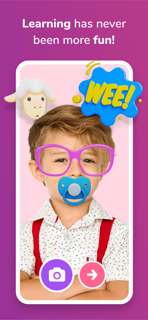 Otsimo | Speech Therapy SLP - Ein Kind benutzt eine Sprachtherapie-App mit lustigen digitalen Filtern, einschließlich Brille und Schnuller