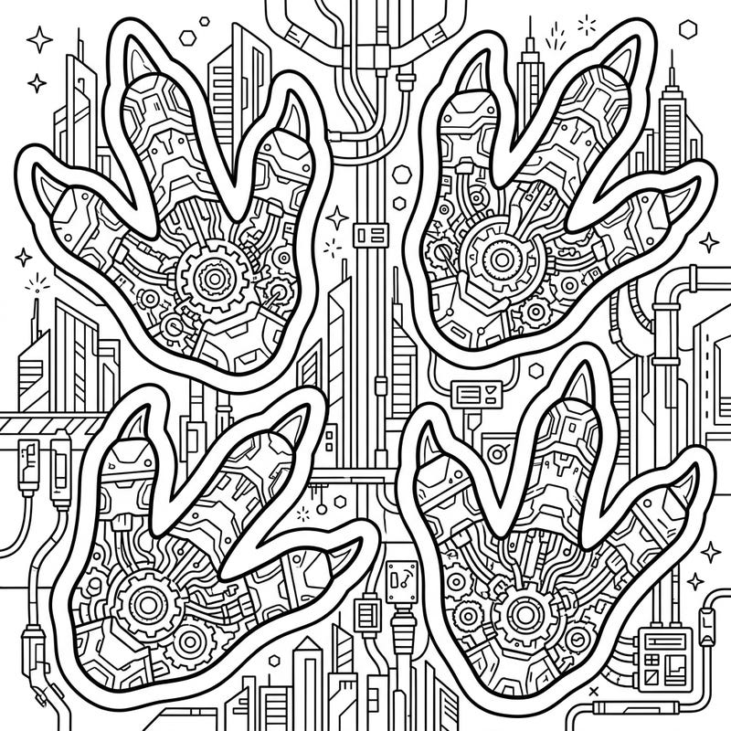 Travel to a dystopian future where ancient giants leave their mark. This unique coloring page features intricate T-Rex trackways reimagined with a detailed cyberpunk aesthetic, perfect for advanced colorists.