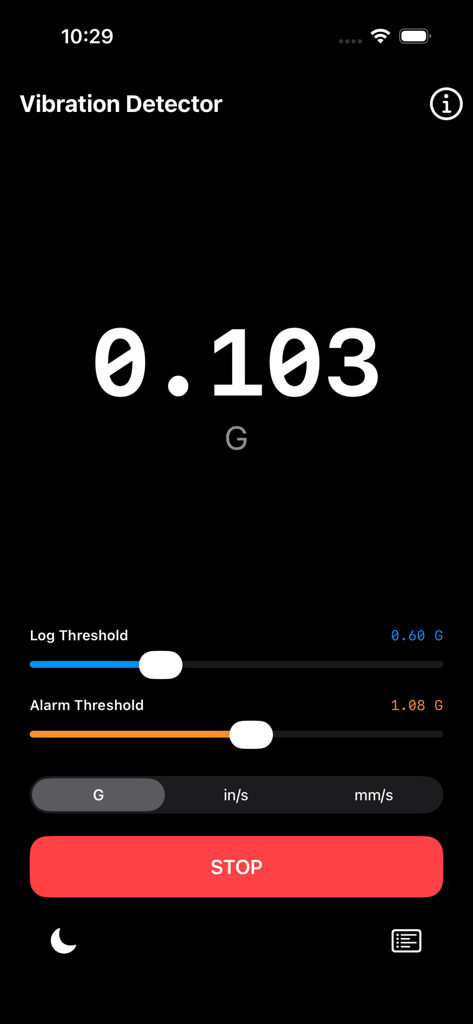 Digital interface of a vibration detector app showing seismic G-force measurement