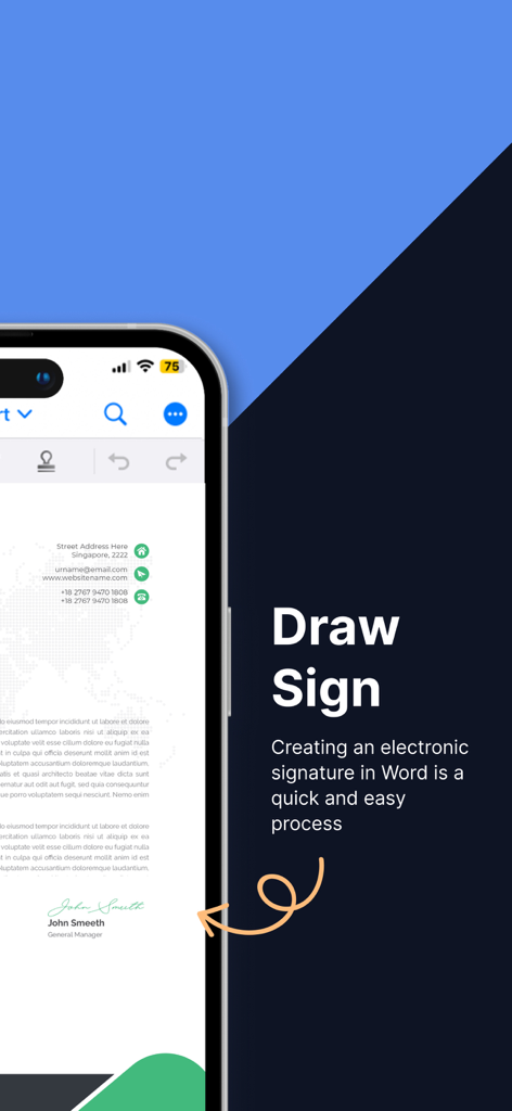 Office Word Editor-Docs, Share - Schermata dello smartphone che mostra la funzionalità Disegna Firma per creare firme elettroniche sui documenti.