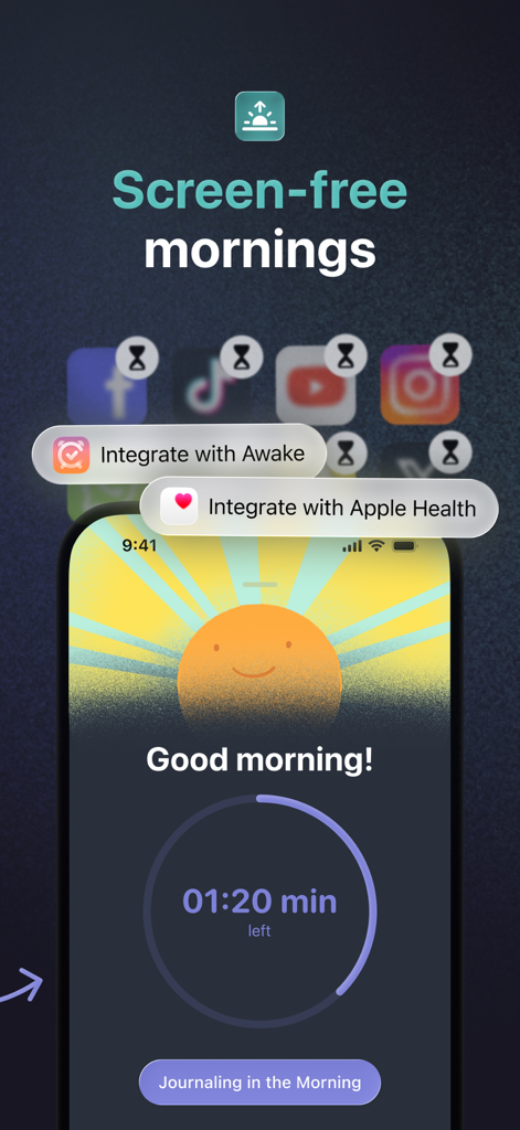 one sec | screen time + focus - A smartphone showing the one sec app interface for screen-free mornings with a focus timer and health integrations