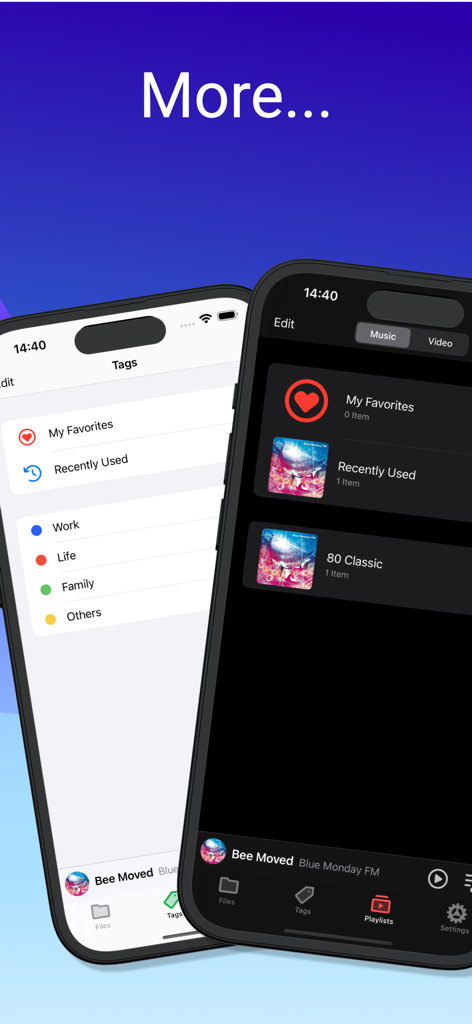 Captura de tela do aplicativo File Hub mostrando interfaces de tags de pasta e playlist de música em temas claro e escuro.