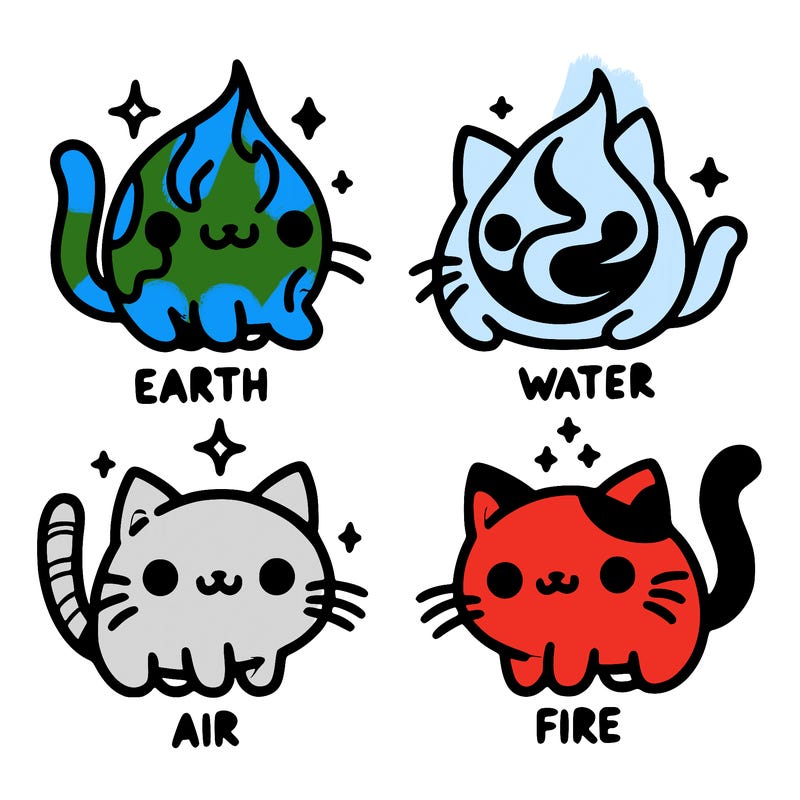 4 cats that represent the different elements, earth, water, air, and fire