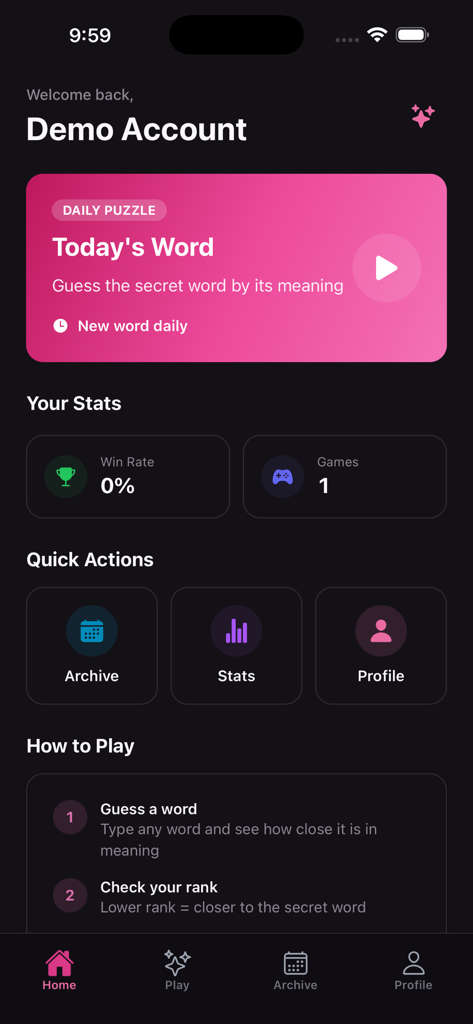 Semantix - Guess the Word - The home screen of the Semantix app showing the daily puzzle dashboard and user statistics in dark mode.