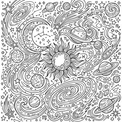 Explore the wonders of the universe with this captivating celestial patterns coloring page, specially designed for creative teenagers. Discover planets, stars, and zodiac symbols waiting for your artistic touch.