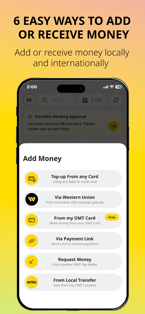 OMT Pay - A mobile app screen showing six ways to add or receive money including Western Union and card top ups