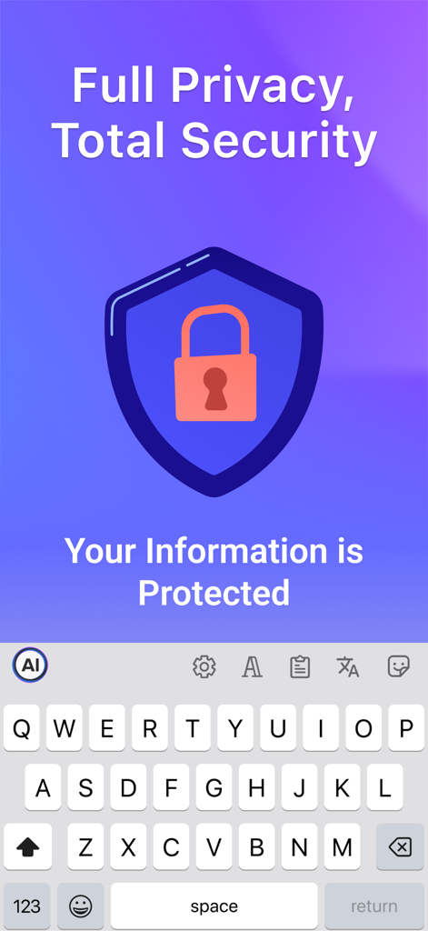 Bobble AI Keyboard privacy and security screen showing a shield with a padlock icon