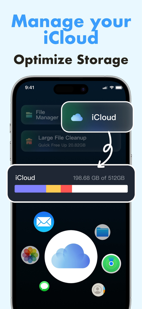Interface of the Memory Master app showing iCloud storage optimization and file management features on an iPhone.