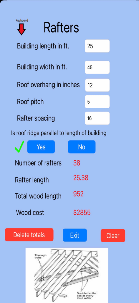 Tela do aplicativo Estimador de Construção mostrando medições de vigas de telhado e cálculos de custos