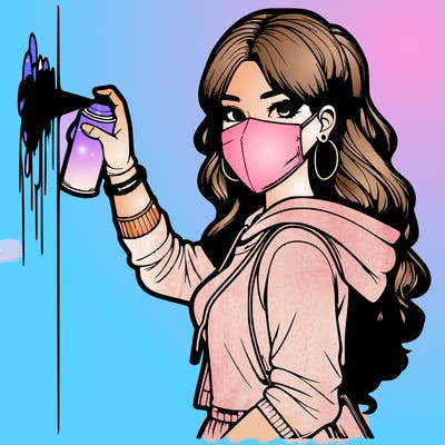 realistic girl with mask spray painting a wall