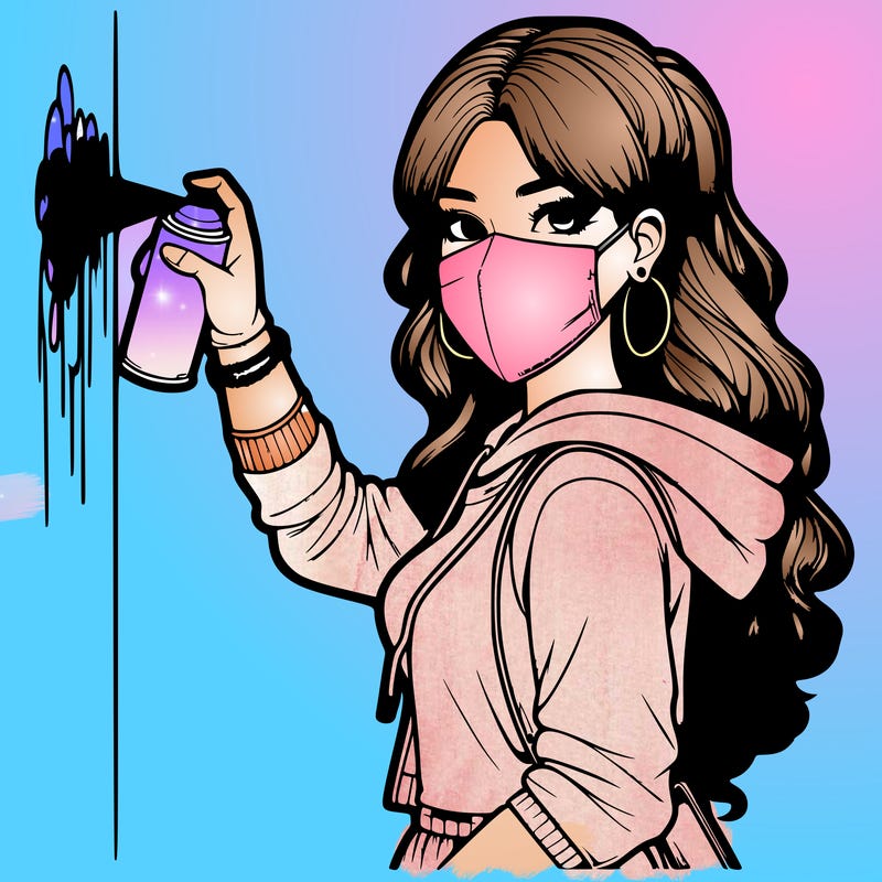 realistic girl with mask spray painting a wall