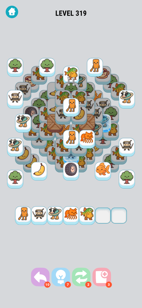 Brainrot Tile Match IQ - Merge - Captura de tela da jogabilidade do Brainrot Tile Match IQ mostrando o nível 319 com peças de personagens de memes peculiares