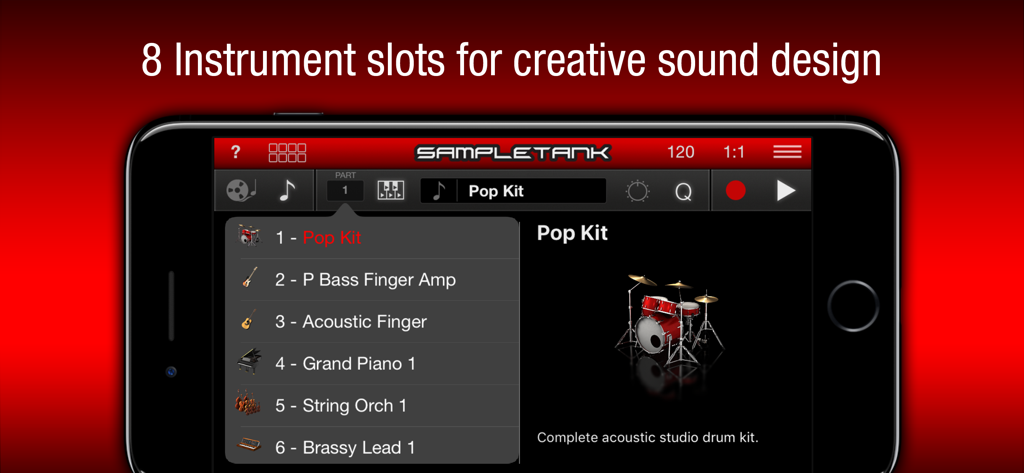 SampleTank CS app interface showing 8 instrument slots and sound selection on a mobile device