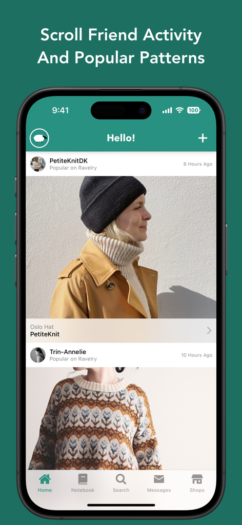 Alpaca: Your Ravelry Companion - Alpaca app home feed showing friend activity and popular knitting patterns on a mobile device.