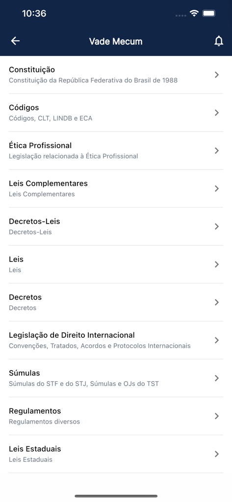 Aplicativos de Bolso para OAB - Digital Vade Mecum screen showing a list of legal categories like Constitution and Codes