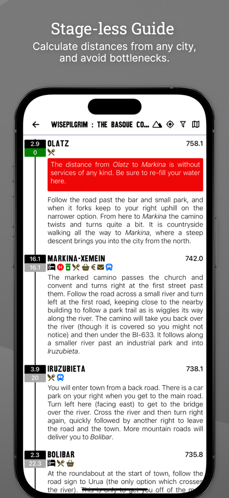 Wise Pilgrim Camino del Norte - Wise Pilgrim Camino del Norte app interface showing the stageless guide with route directions and town amenities