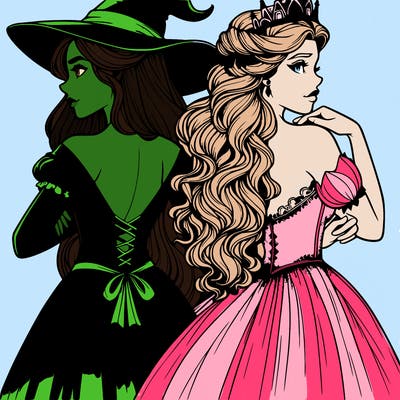 a witch and a princess back to back realistic