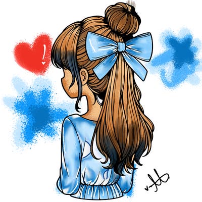 realistic girl  with hip length hair a bun and a big bow on the back of head