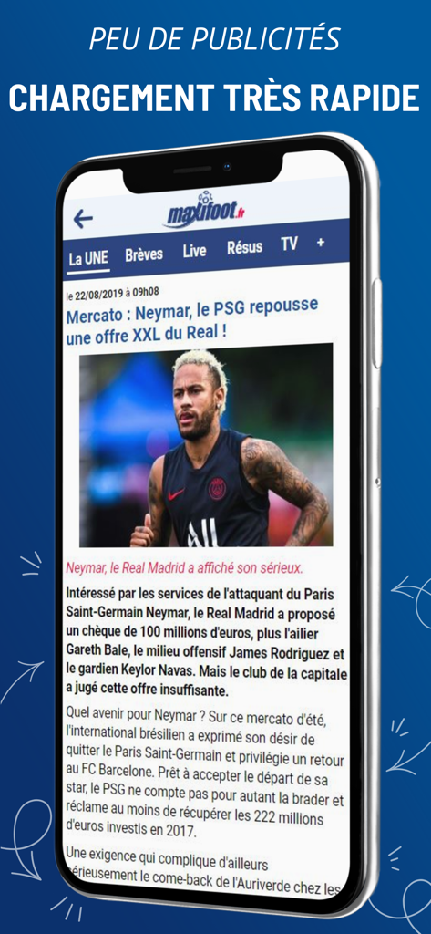 Mercato foot par Maxifoot - Mercato foot par Maxifoot app interface displaying a soccer transfer news article about Neymar
