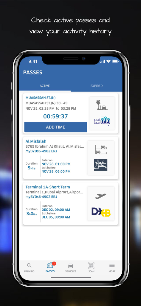 mawgif موقف - A smartphone screen displaying the active parking passes list in the Mawgif app with timers and location details.