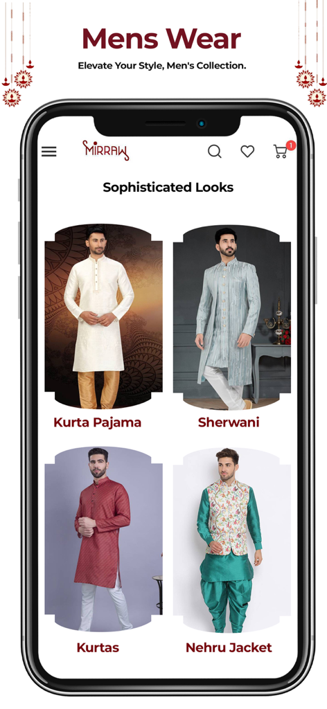 Mirraw app display of men's ethnic wear including Kurta Pajama and Sherwani