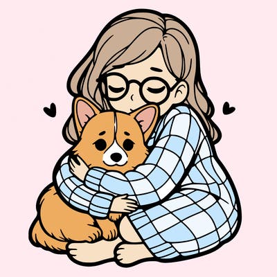 corgi cuddling  girl owner