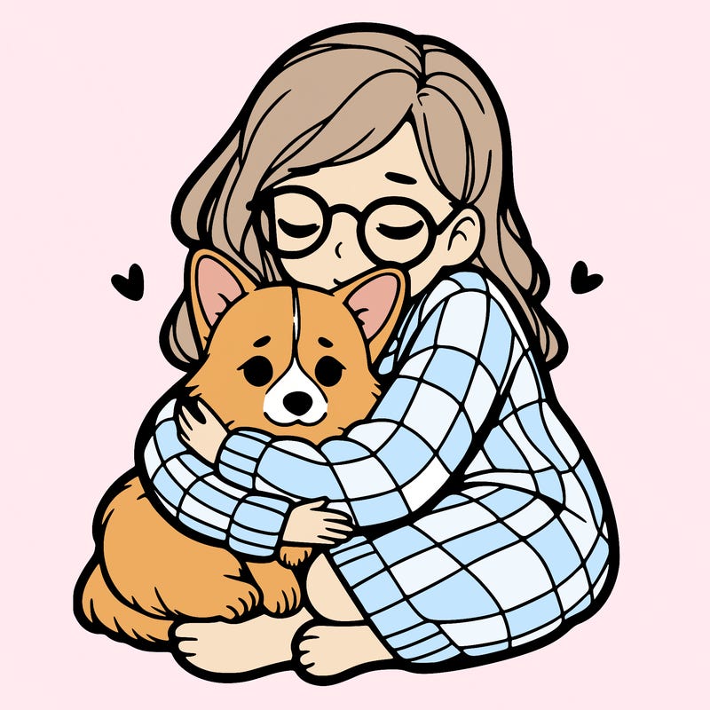 corgi cuddling  girl owner