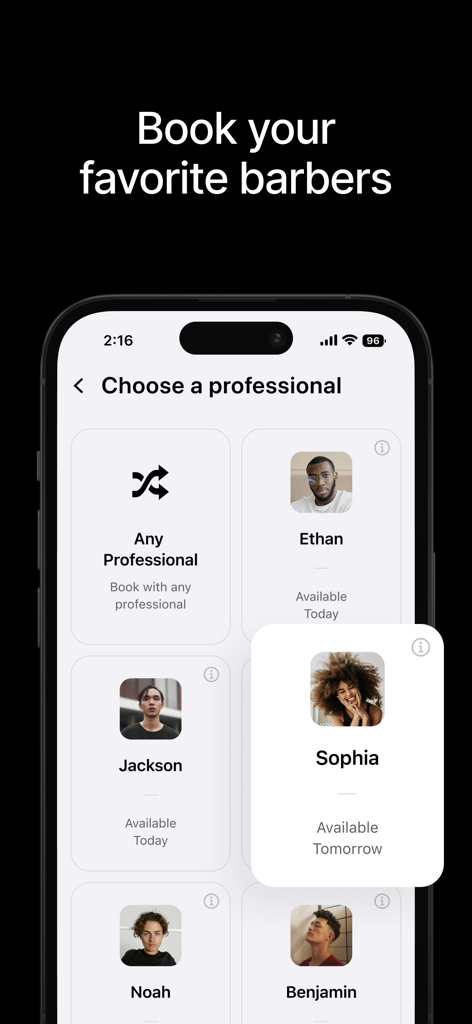 SQUIRE app interface for selecting a professional barber with photos and availability