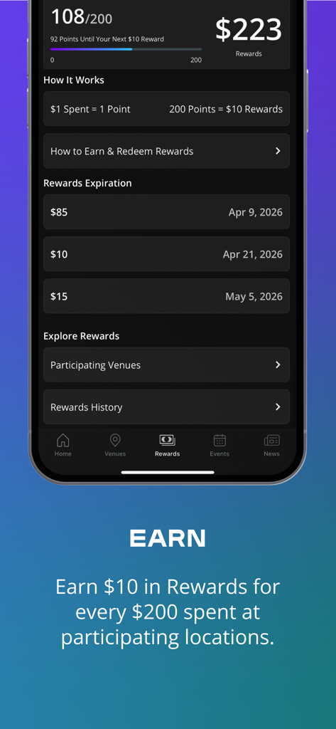Mobile screen of Tao Group Hospitality Rewards app showing points balance and rewards earnings