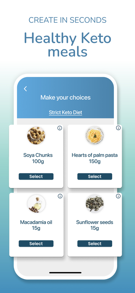 DietSensor Keto - A mobile app interface titled Healthy Keto meals showing a selection of food options like soya chunks and hearts of palm pasta