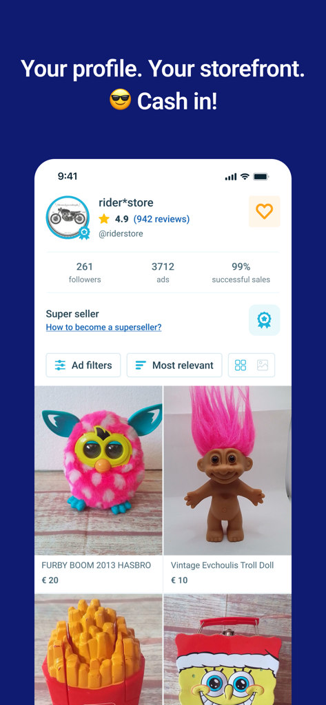 Vendora - Buy & Sell - Vendoraアプリのセラーストアフロント。ヴィンテージおもちゃのリストとユーザー評価が表示されています。