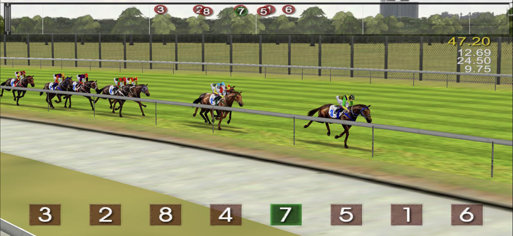 iHorse Racing: horse race game - Horses and jockeys competing in a race on a green turf track within the iHorse Racing mobile app