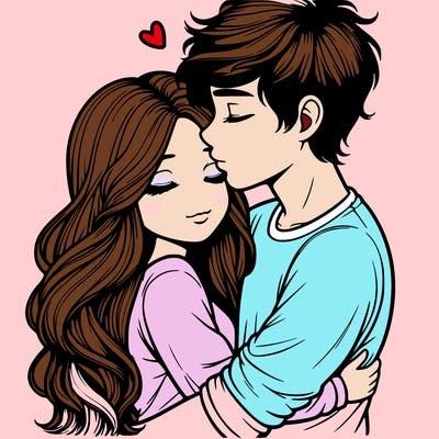 a realistic couple boy and girl hugging and kissing