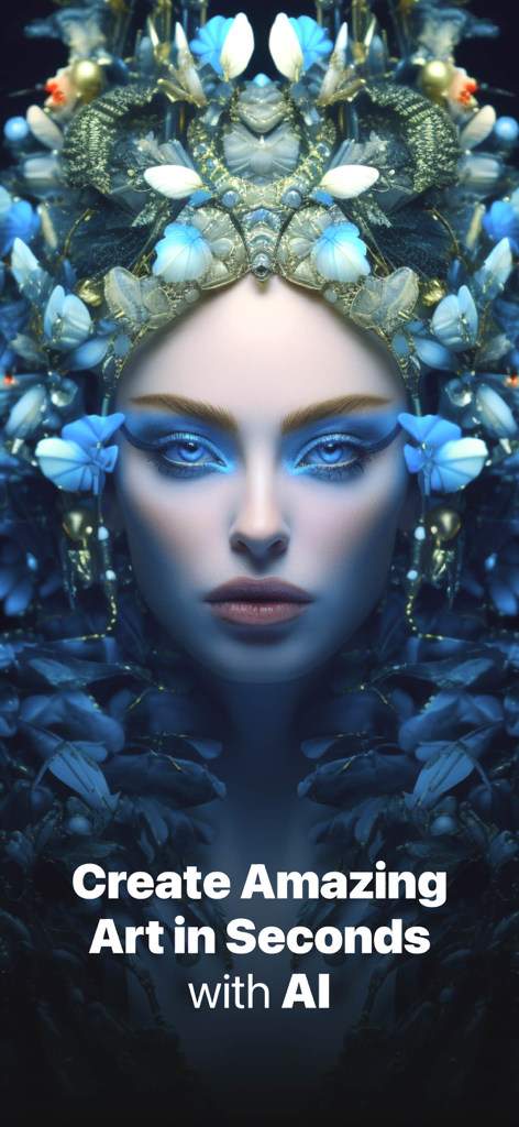 Ethereal AI generated portrait of a woman with blue floral headpiece